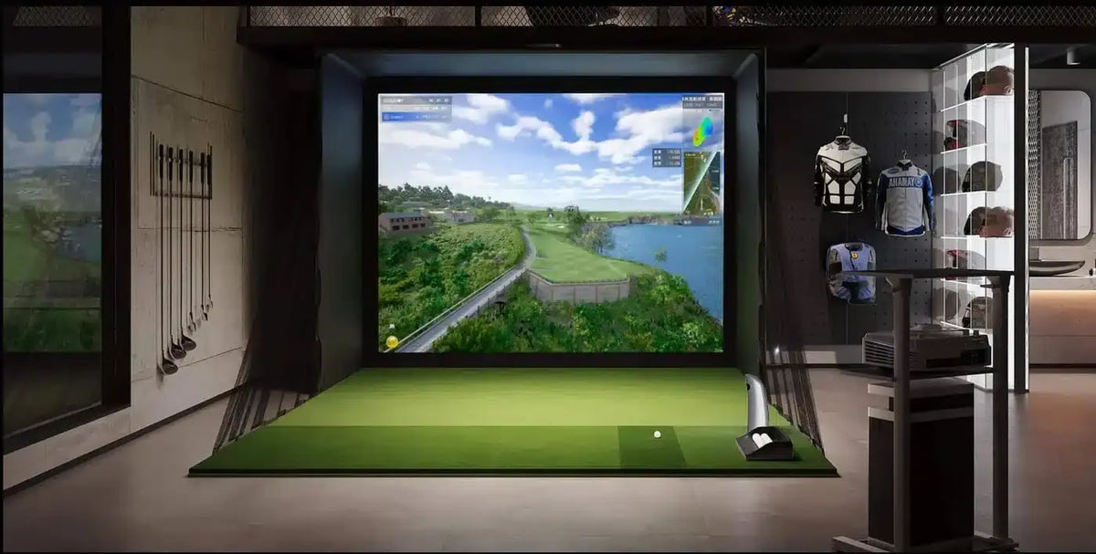 GolfJoy GDS PRO launch monitor in a golf simulator